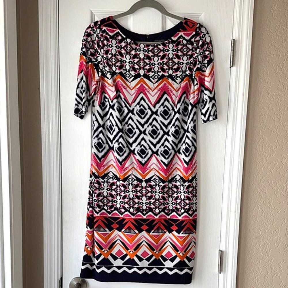 Vince Camuto Multicolor Geometric Pattern Short Sleeve Dress Size 8